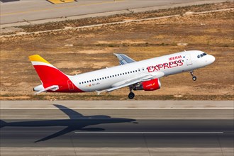 An Iberia Express Airbus A320 with the registration EC-LEA takes off from Palma de Majorca Airport