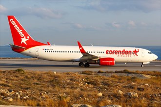 A Corendon Airlines Boeing 737-800 with the registration number 9H-TJA at Heraklion Airport