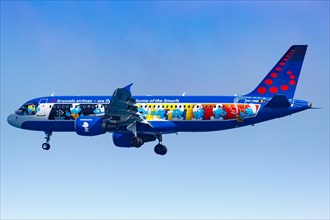 An Airbus A320 aircraft of Brussels Airlines with the registration number OO-SND with the special livery The Smurfs lands at Heraklion Airport