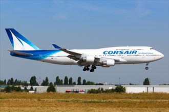 A Corsair International Boeing 747-400 with the registration F-GTUI lands at Paris Orly Airport