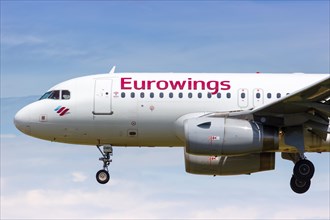 A Eurowings Airbus A319 with the registration D-AGWC lands at Barcelona Airport