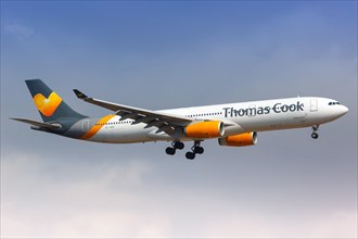 A Thomas Cook Airbus A330-300 with registration number OY-VKH lands at Palma de Majorca Airport