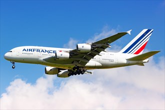 An Air France Airbus A380-800 with registration F-HPJE lands at Charles de Gaulle Airport
