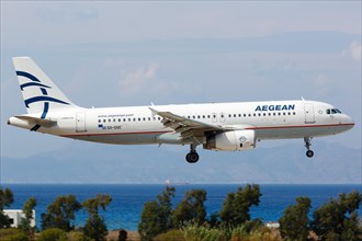 An Airbus A320 aircraft of Aegean Airlines with registration number SX-DGE lands at Rhodes airport