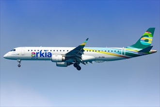 An Embraer 195 aircraft of Arkia Israeli Airlines with registration number 4X-EMA lands at Heraklion airport