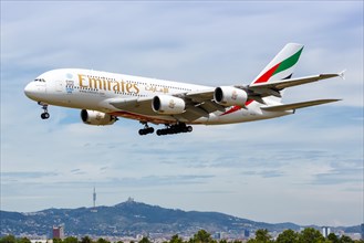 An Emirates Airbus A380-800 with registration A6-EOY lands at Barcelona Airport
