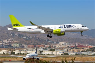 An Air Baltic Airbus A220-300 with registration number YL-CSJ lands at Malaga Airport