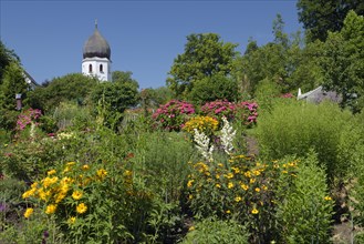 Monastery garden with blooming flowers and the campanile