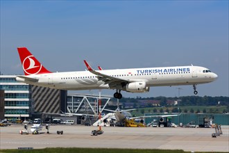 An Airbus A321 with the registration TC-JSH of Turkish Airlines lands at Stuttgart Airport