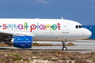 An Airbus A320 aircraft of Small Planet Airlines Germany with registration D-ASPI at Heraklion Airport