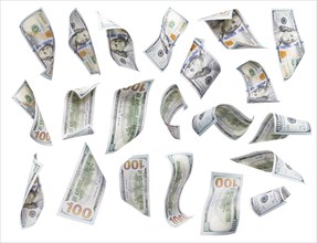 Set of randomly falling or floating $100 bills each isolated on white with no overlap