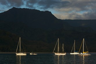 Sailboats in the early morning light on hanalei bay