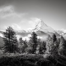 Clouds over the Swiss Matterhorn in black and white