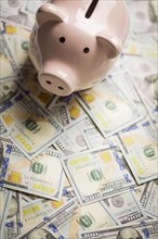 Piggy bank on stacks of newly designed one hundred dollar bills