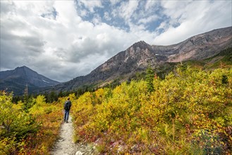 Hikers on a trail through mountain landscape