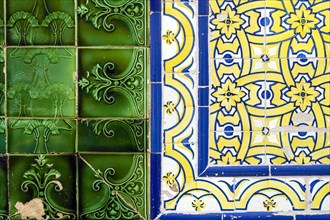 Close up of two types of typical Portuguese tiles called azulejo