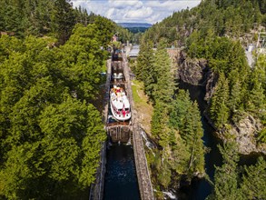 Aerial of a tourist boat in the Vrangfoss lock