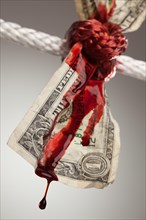 Wrinkled american dollar tied up and bleeding in rope