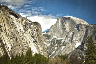Dramatic view of half dome at yosemite on a spring day