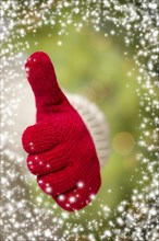 Woman in sweater with seasonal red mittens holding out a thumbs up sign with snow flakes border