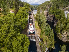 Aerial of a tourist boat in the Vrangfoss lock