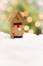 Santa in A miniature outhouse on snow over and abstract background