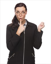Unsure mixed-race businesswoman puts finger on her lips isolated on white background