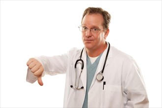 Male doctor giving the thumbs down sign with his hand isolated on a white background
