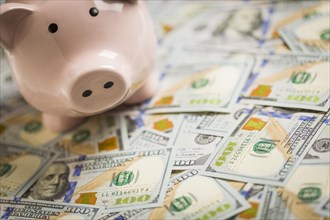 Piggy bank on stacks of newly designed one hundred dollar bills