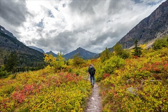 Hikers on a trail through mountain landscape