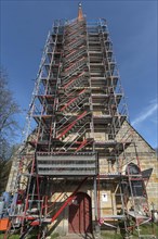 Scaffolding at the tower of the St. Egidienkirche for the installation of a new bell
