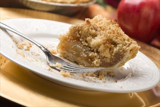 Half eaten apple pie slice with crumb topping and fork