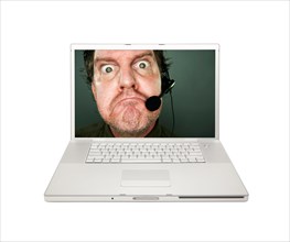 Grumpy customer service man on laptop screen isolated on a white background