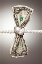 Wrinkled american dollar tied up in rope