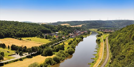 View from the Skywalk on the Weser river towards Herstelle and Wuergassen