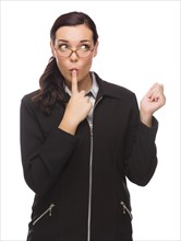 Unsure mixed-race businesswoman puts finger on her lips isolated on white background