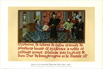 Raoul le Fevre presents Philip the Good with his work Historire de Jason According to a manuscript of the 15th century