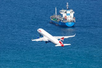 A British Airways Airbus A320 with the registration G-EUYP takes off from Gibraltar Airport