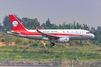 An Airbus A319 aircraft of Sichuan Airlines with registration number B-6449 at Chengdu airport