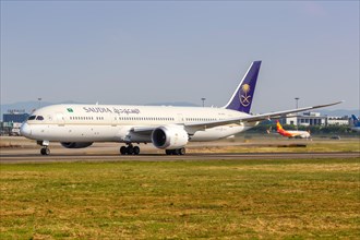 A Boeing 787-9 Dreamliner aircraft of Saudia Saudi Arabian Airlines with registration number HZ-AR22 at Guangzhou airport