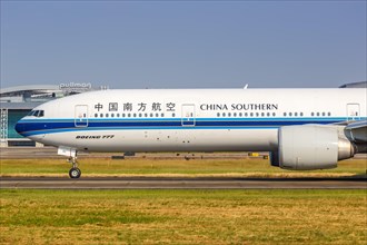 A China Southern Airlines Boeing 777-300ER aircraft with registration number B-7183 at Guangzhou Airport