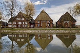 Half-timbered houses reflected in the village pond