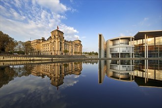 Panorama Reichstag with Paul-Loebe-Haus and Spree in morning light