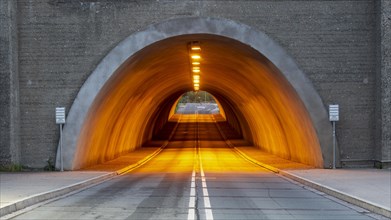 Illuminated tunnel at the Rappbode Dam in the Harz Mountains