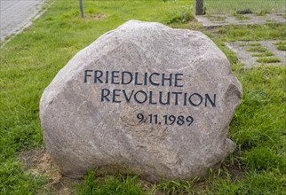 Memorial stone to the Peaceful Revolution on 09.11.1989 at the former inner-German border at the river Elbe in Doemitz
