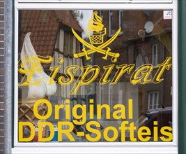 Shop window of the ice cream parlour 'Eispirat' with original GDR soft ice cream in Doemitz