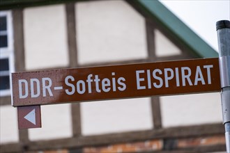 Sign for the ice cream parlour 'Eispirat' with original GDR soft ice cream in Doemitz