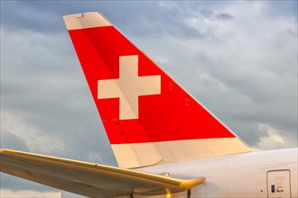 Swiss Airbus aircraft tail unit at Zurich Airport