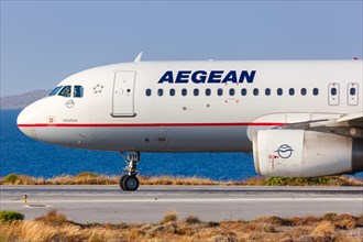An Airbus A320 aircraft of Aegean Airlines with registration number SX-DVH at Heraklion airport