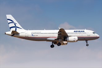 An Airbus A320 aircraft of Aegean Airlines with registration number SX-DVS at Athens airport